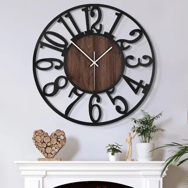 Mee 2ou Grote wandklok voor woonkamerdecoratie - 50 cm - 20 inch niet-tikkende stil - batterij-aangedreven moderne vintage extra grote decoratieve wandklok voor slaapkamer keuken Donkerbruin - Arabische cijfers