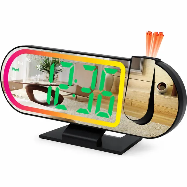 SWGOTA Digitale LED-projectieklok met fluorescerend groene cijfers, spiegelend front, meerkleurige rand en tafelvoet