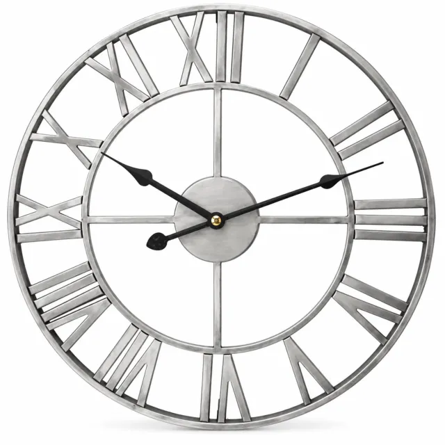 SWGOTA Zilverkleurige ronde wandklok van ijzer met Romeinse cijfers en zwarte wijzers - Open retro ontwerp - Doos met schuimverpakking