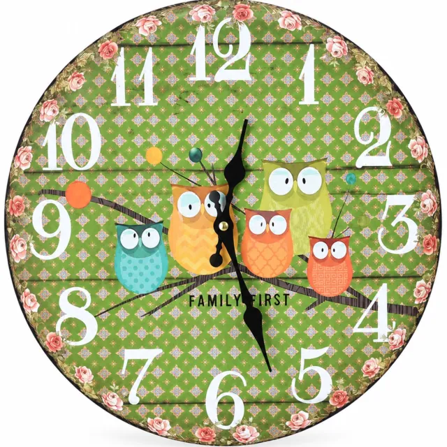 SWGOTA Ronde wandklok met uilen op groene achtergrond - Stil uurwerk, witte cijfers en zwarte wijzers - Enkelzijdige vezelplaat