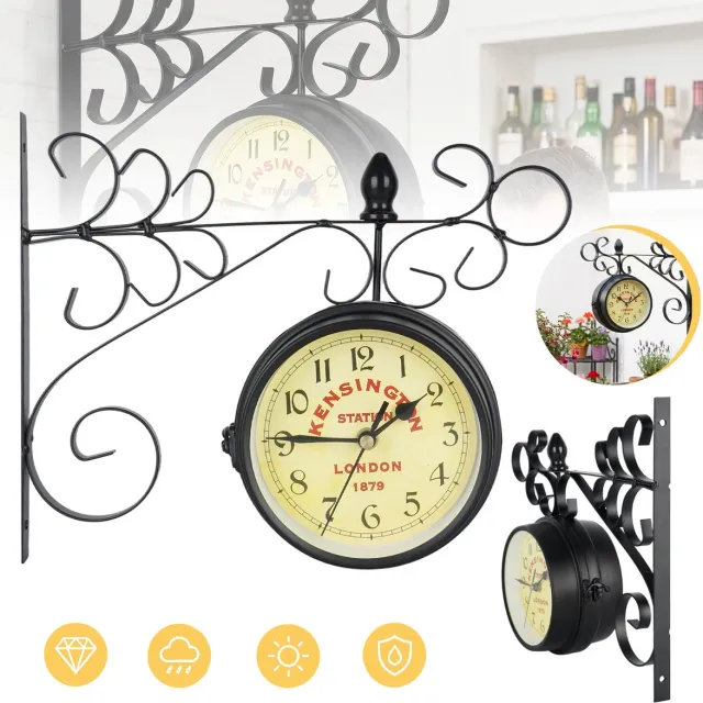 JIMUYU Vintage Wandklok Met Smeedijzeren Standaard – Stil Uurwerk En Verweerde Wijzerplaat – 360° Afleesbaar – Britse Retrostijl Voor Terras, Tuin En Bar – Zwart