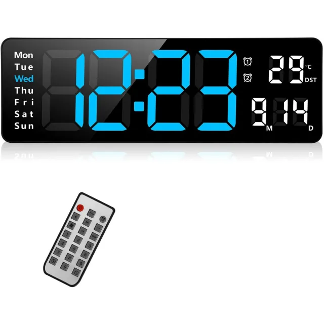 Fuloon Digitale wandklok van Fuloon, 13 inch digitale wandklok, grote LED-wandklok, digitale wekker met afstandsbediening, tijdsaanduiding en aftelling, datum, week, temperatuur, digitale kalender voor slaapkamer en woonkamer Zwart