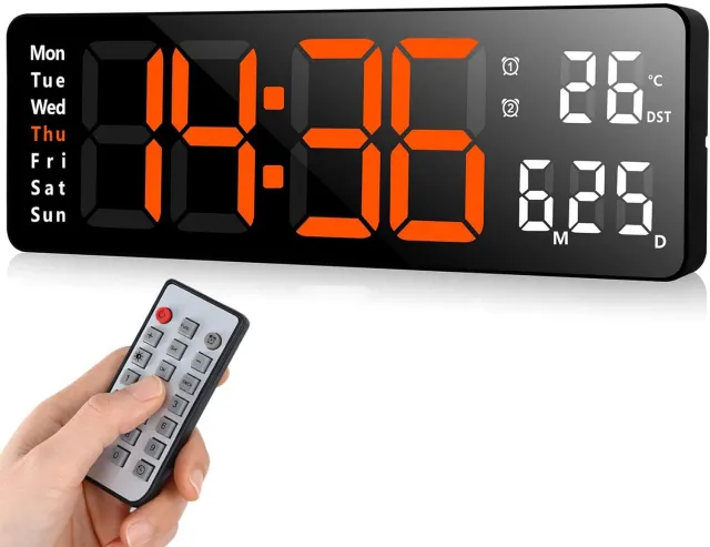 DESMIU Digitale Wandklok – Groot Verlicht Display Met Timer En Alarm – 32 x 10,5 x 3 cm – Rood – Tijd, Datum, Weekdag En Temperatuur Voor Elke Ruimte Zwart