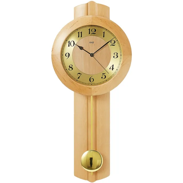 AMS Wandklok AMS Elzenout - Radio gestuurd met slinger Slingerklok - gouden slinger Leer