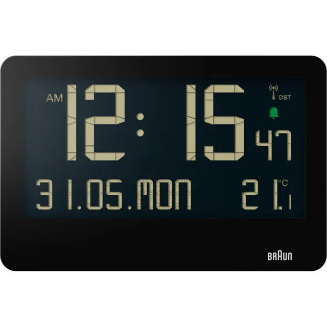 Braun BC14B-DCF - Wandklok - Tafelklok - Digitaal - LCD - Radiogestuurde tijdsaanduiding - Kalender- en temperatuurfunctie - Pieptoonalarm • 12/24H - Uitklapbare standaard - Wekkerfunctie - Snooze - Zwart