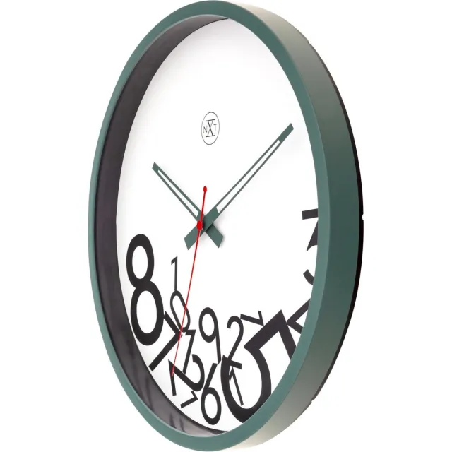 NeXtime nXt Dropped Numbers – Stille Wandklok – 30 cm – Kunststof – Wit – Grappig design Groen