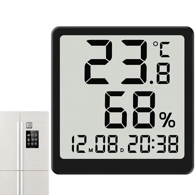 SKIEHAN Digitale klok - klok - 8*8.2*2 cm - Digitale Wandklok Met Hygrometer & Thermometer - Ronde LCD Klok Met Alarm & Datum - Magnetische Bureauklok - Zwart