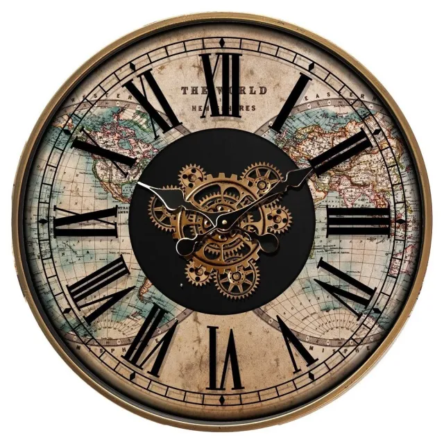 Signes Grimalt wandklok wereldkaart beige gouden lijst