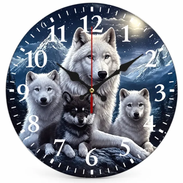 SWGOTA Ronde wandklok van acryl 30 cm met wolven en besneeuwde bergen, stil uurwerk en witte cijfers Zwart