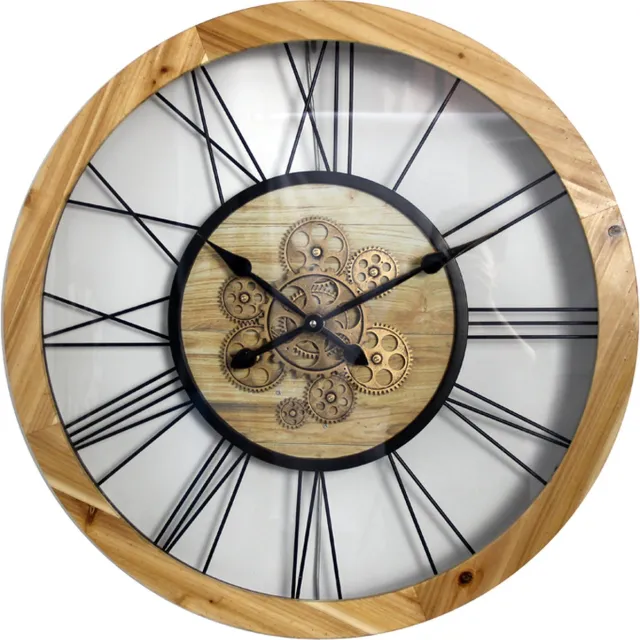 LW collection wandklok met draaiende tandwielen bruin 65cm met glasplaat - Radar wandklok Zilver - wandklok met bewegende wandwielen