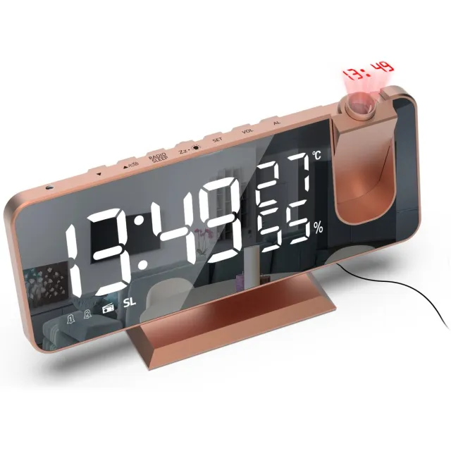 REDOM Digitale Wekker met FM Radio – 180° Projectie – Dubbel Alarm – Temperatuur & Vochtigheid – Tafelklok voor Slaapkamer en Kantoor – ABS Roségoud