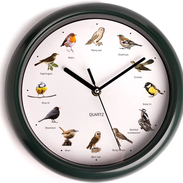 Nexxt Vogelklok met vogelgeluiden - Birdsong Clock met 12 Vogeltonen - Klok met Natuurgeluiden - Ø25 cm - Donkergroen