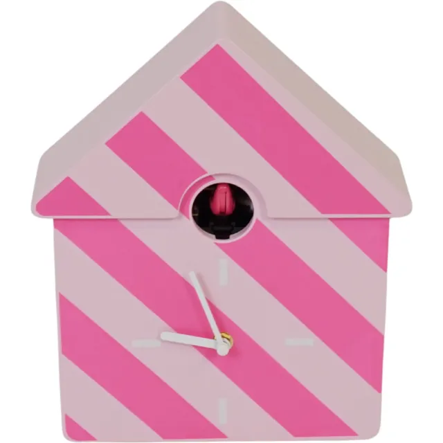 Housevitamin Koekoeksklok – Moderne Wand- & Kastklok – Gestreept Patroon Lichtroze / Fluorroze – 24 × 27 × 9 cm – Geschenk van het Jaar 2026!