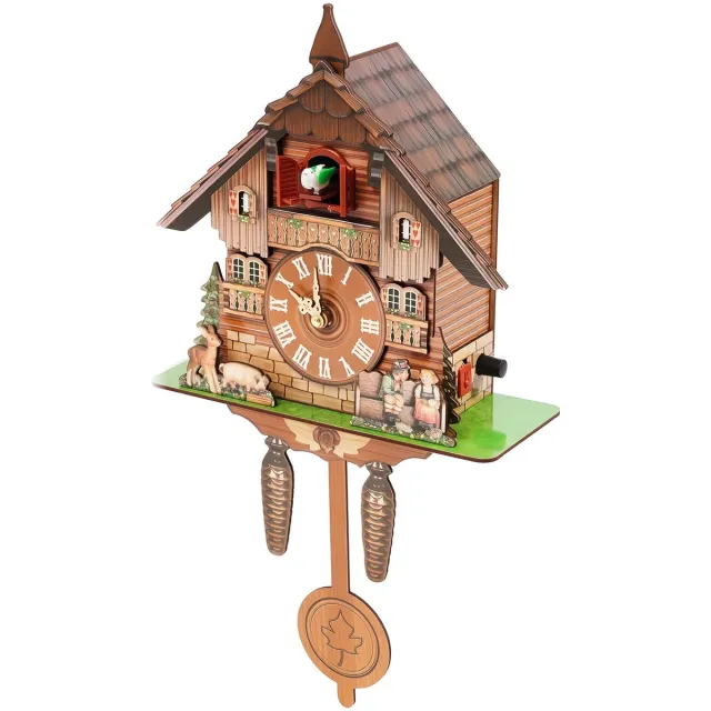 UFTA Wandklok - Vintage - Koekoek Hangklok - Met Vogelgong - Scandinavische Decor - Houten - Hangende - Decoratie - 25x10x50cm Bruin, multicolor