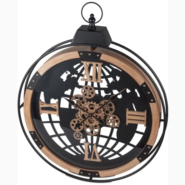 Formano Klok - Wandklok - Tandwielen - Met Glasplaat - Hoogte: 88cm - Ø 66cm - Metaal - Mango Hout - Industrieel - Zwart - Wereldbol - Bruin.