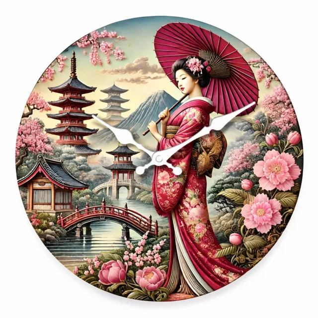 SWGOTA Stille MDF-wandklok 12 inch (29,7 cm) - Rond, Japans decor met kimono en bloemen, witte wijzers en cijfers Rood
