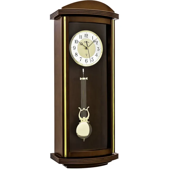 AMS Wandklok Radiogestuurd 5015/1 • Noten gelakt houten klok met slinger en met Westminster slag - 66cm x 26 cm bruin