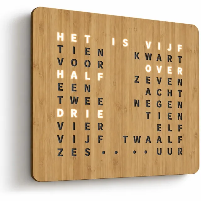 Atlas Time Klok met Tekst - Woordklok Nederlands - Bamboe - 46x38 cm
