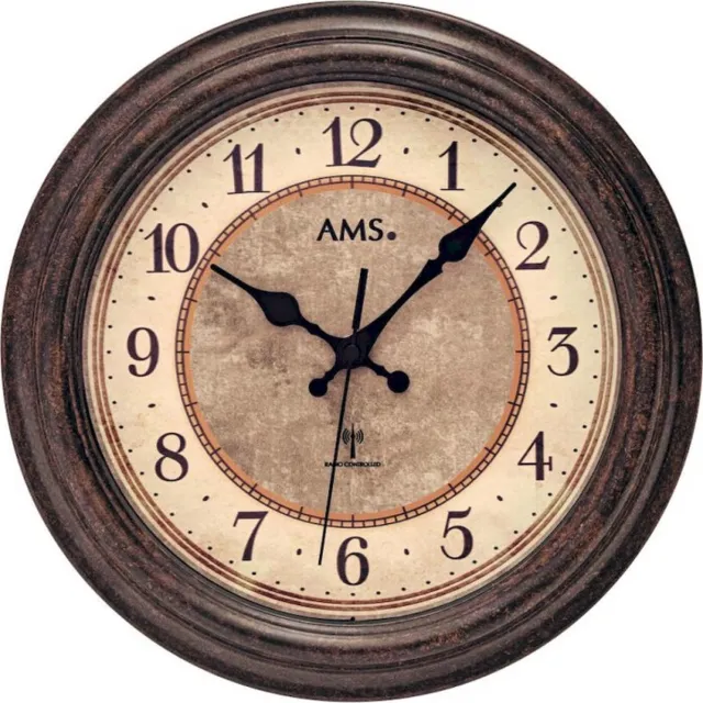 AMS F5544 - Wandklok - Analoog - Hout - Radiogestuurde tijdsaanduiding - Mineraal Glas - Bruin