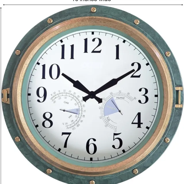 BOG Wandklok 40 Cm - Waterdicht Met Thermometer En Hygrometer - Retro Stille Kwarts Klok Zonder Tikken - Batterij Aangedreven Ronde Klok Voor Binnen En Buiten - Groen