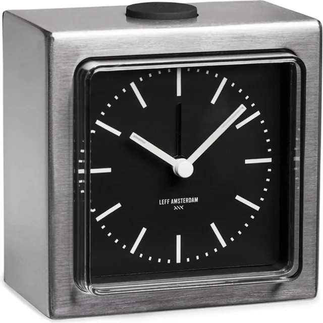 LEFF amsterdam Block Alarm Clock – Analoge Wekker – Industrieel Design – Snooze Functie – Verlichte Wijzerplaat – Fluorescerende Wijzers – RVS – 8,5x8,5x6 cm