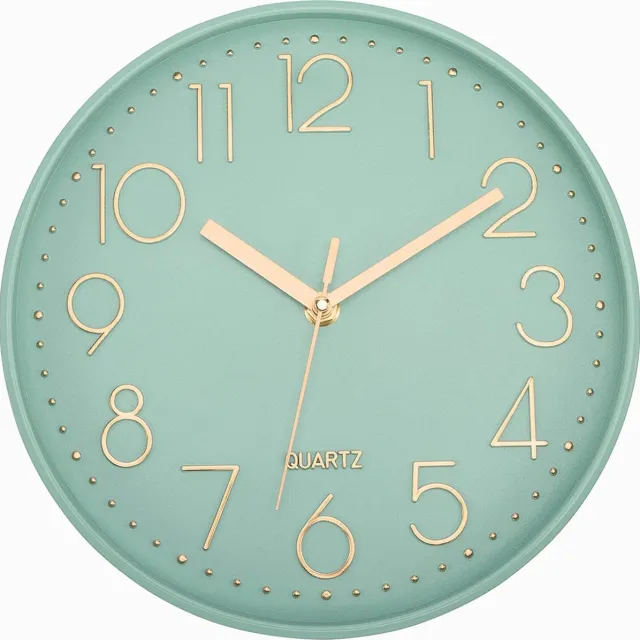 Klok Moderne wandklok, stil, niet-tikkende op batterijen werkende decoratieve klok voor woonkamer, slaapkamer, kantoorkeuken (groen goud, 30 cm) Groengoud