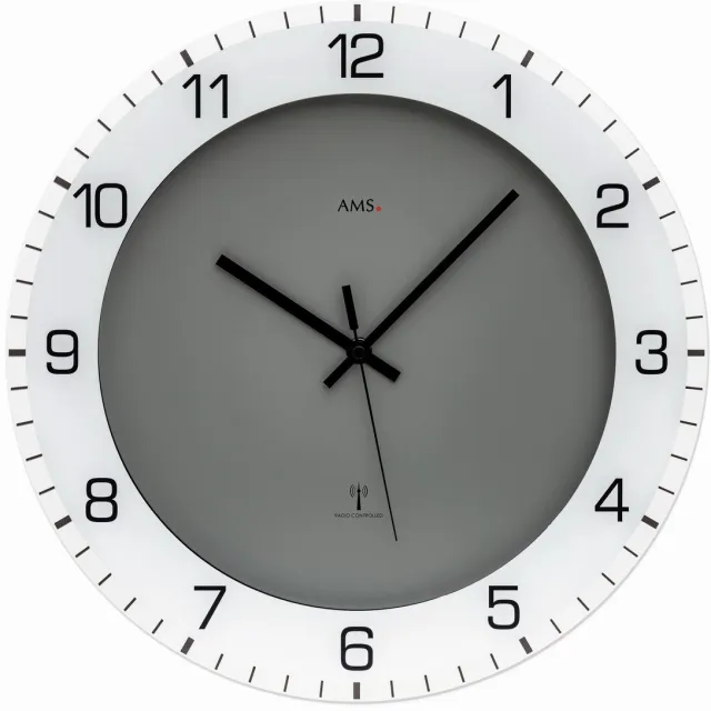 AMS F5595 - Wandklok - Analoog - Radiogestuurde tijdsaanduiding - Rond - Aluminium - Kunststof - Mineraal Glas - Cijfers - DonkerGrijs - Wit - Zwart