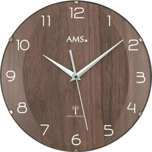 AMS F5558 - Wandklok - Analoog - Radiogestuurde tijdsaanduiding - Walnoot structuur - Kunststof - Hout - Mineraal glas - Bruin
