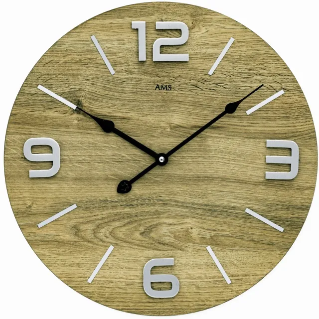 AMS W9701 - Wandklok - Analoog - Rond - Hout - Metaal - Cijfers - Streepjes - Crème Hout kleur - Zwart - Zilverkleurig - D 40 x 4 cm