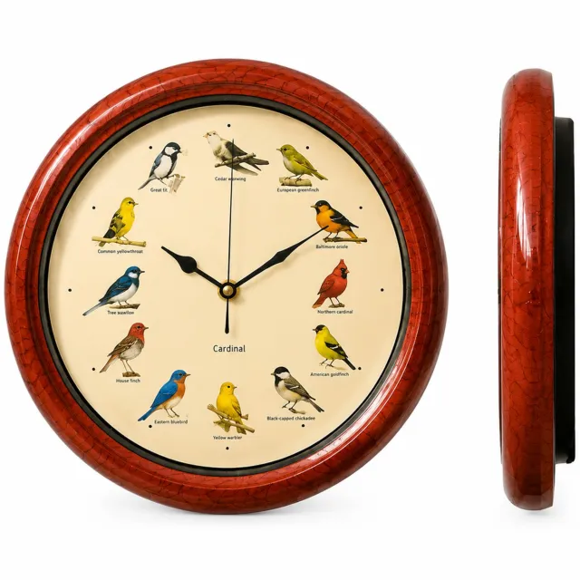 SWGOTA Wandklok met 12 vogelgeluiden en Russische wijzerplaat, 25 x 25 x 4 cm, uursignaal met nachtelijke stilte, rond en analoog Brons