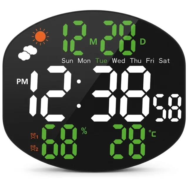SWGOTA wekker voor wandmontage met LED-display, kalender, temperatuur en luchtvochtigheid - wit/groen