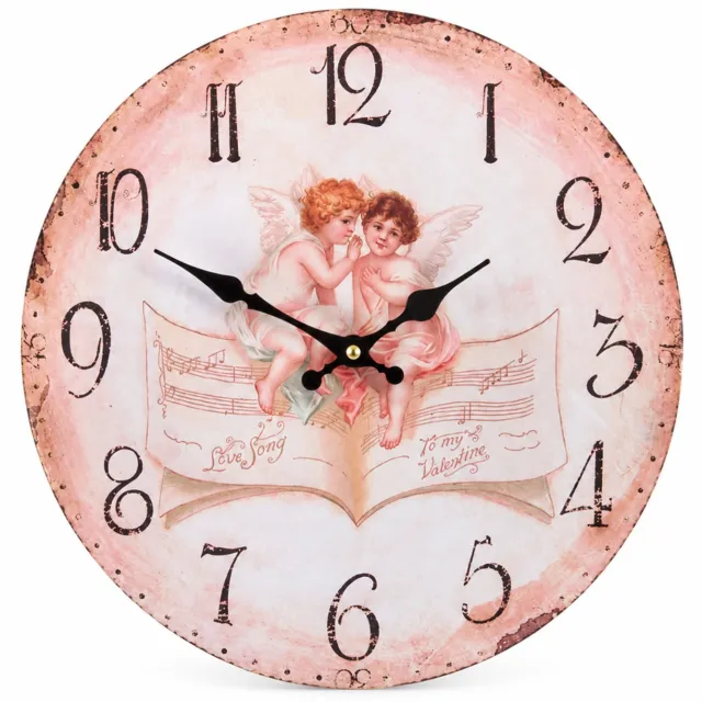SWGOTA Ronde wandklok met engelenmotief - Stil uurwerk - MDF van 5 mm - Zwarte wijzers en grote cijfers Roze