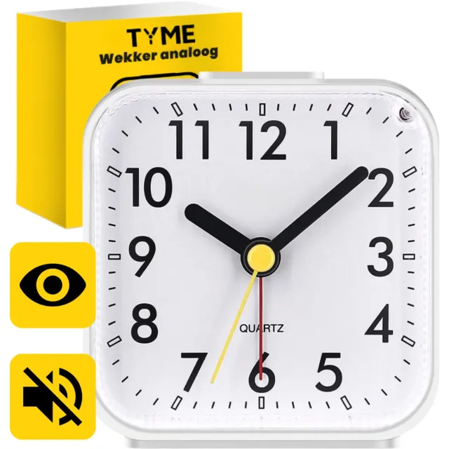 TYME Wekker Analoog - Zonder Tikgeluid - Duidelijk leesbaar - Met Alarm - Reiswekker Incl. Verlichting - Kinderen tot Senioren - voor Slaapkamer - Vierkant - Wit