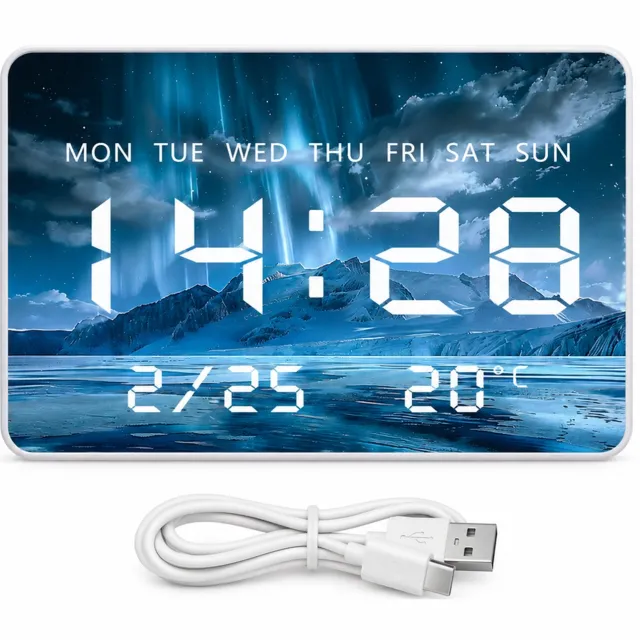 SWGOTA Digitale LED-wandklok 27,5 x 20 cm - Tijd, datum, weekdagen en temperatuur - Blauw poollichtlandschap