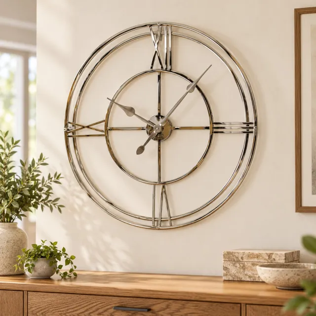 Hoppa! Open ronde wandklok met dubbele ring - Chroom - 10 x 76 x 76 cm (B x D x H)