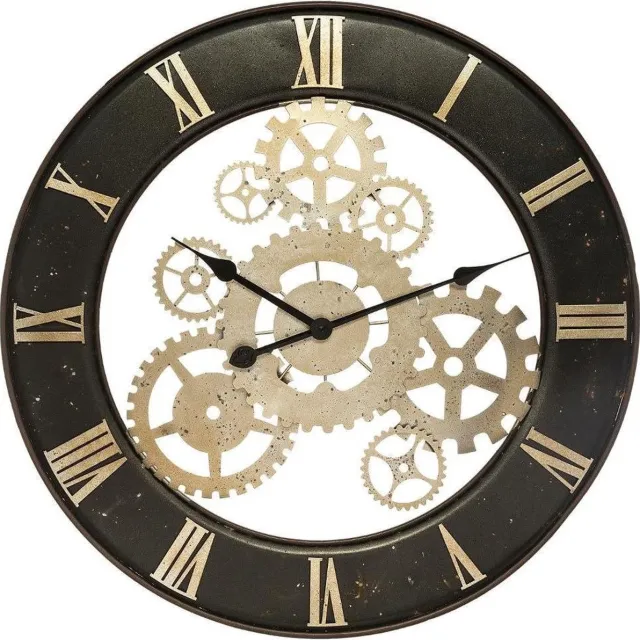 mandee.nl Wandklok met Zichtbaar Mechaniek, Ø 67 cm - Romeinse Cijfers - Zwarte Wandklok met Gouden Cijfers - Interiourdecoratie
