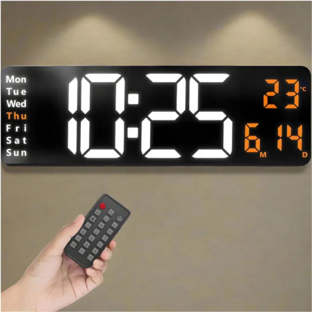BOG Clock 1 XXL White/Orange - Digitale Wandklok Met Temperatuurweergave - Grote LED Klok Zonder Tikkend Geluid - Helder En Stijlvol Display WIT/ORANJE