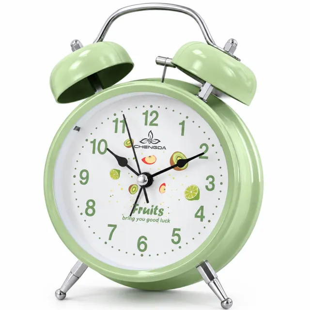 SWGOTA Groene metalen tafelwekker van 4 inch met dubbele bel, stil uurwerk, nachtverlichting en analoge wijzerplaat