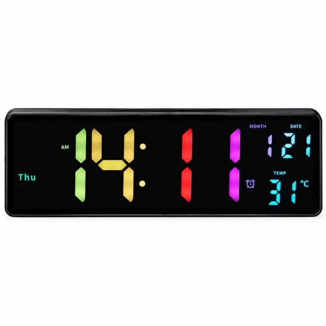 SWGOTA Digitale LED-wandklok met grote cijfers in kleurverloop - Rechthoekig, enkelzijdig, met weekdag, datum en temperatuur Zwart