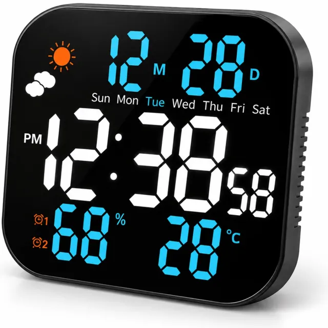 Huttutu LED Klok - Digitale Tafelklok met Temperatuur en Luchtvochtigheid - Elektronische Wekker - Zwart - Formaat 197x185x29 mm
