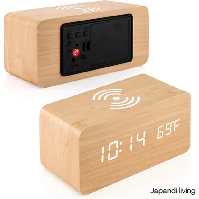 Calmáe Japandi Living - Wekker - Digitale klok - Klokken - Modern - Minimalistisch - Houtlook - Draadloos opladen - Datum & Temperatuur Lichtbruin