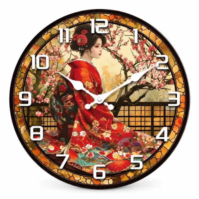SWGOTA Ronde wandklok met Japanse dame - 29,7 cm (12 inch) - Stil kwartsuurwerk - Witte cijfers en wijzers Rood