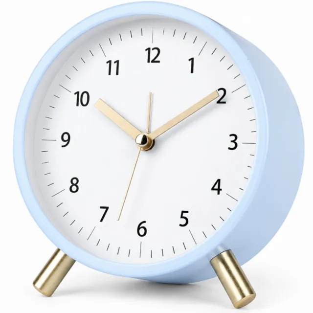 Bobypet Stille Wekker Zonder Tikken - Geruisloze Kinderwekker met Nachtlampje - Moderne Kwartstafelklok - Ronde Retro Metalen Batterij-Gewerkte Wekker - blauw