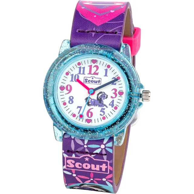 SCOUT Kinderuhr analog zur Serie Heartbeat und Pony Love lila pinkem Kunstlederband, Pferde-Motiven und Dornschließe pink/lila