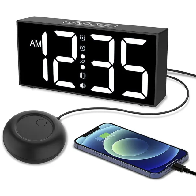 longziming Vibratie Wekker – Extra Luid Alarm met Bed Shaker – LED Display 7.5 inch – 3 Alarm Modi– 4 Helderheden – 4 Volumes – Dubbel Alarm – Snooze – Voor Diepe Slapers & Slechthorenden– Zwart
