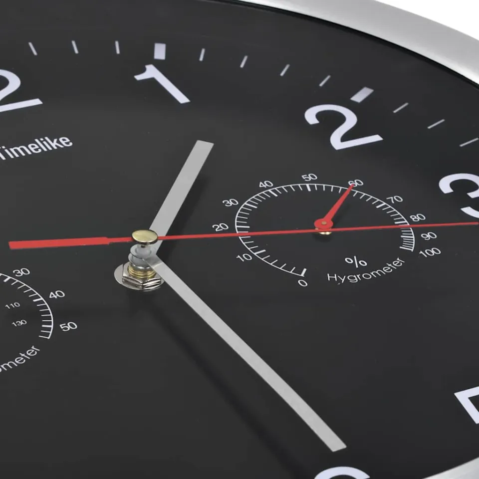 vidaXL Wandklok met quartz-mechanisme hygrometer thermometer 30 cm zwart, foto 4