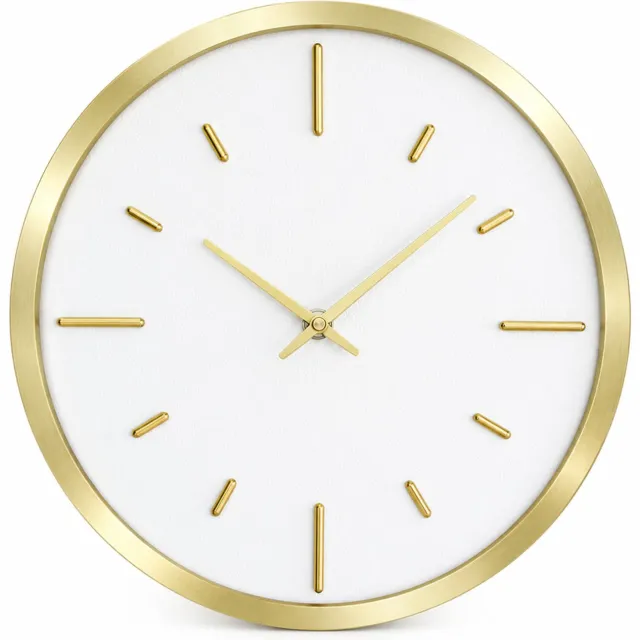 SWGOTA Ronde wandklok 12 inch, goudkleurig en wit, stil quartz-uurwerk, zonder cijfers, metalen kast, 1 stuk