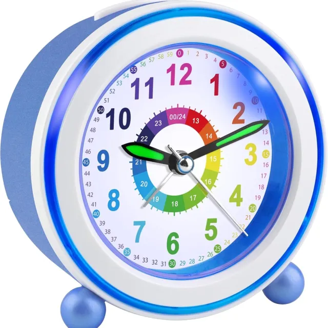 Famanu Kinderwekker met nachtlampje en snooze, analoog, blauw, stil uurwerk