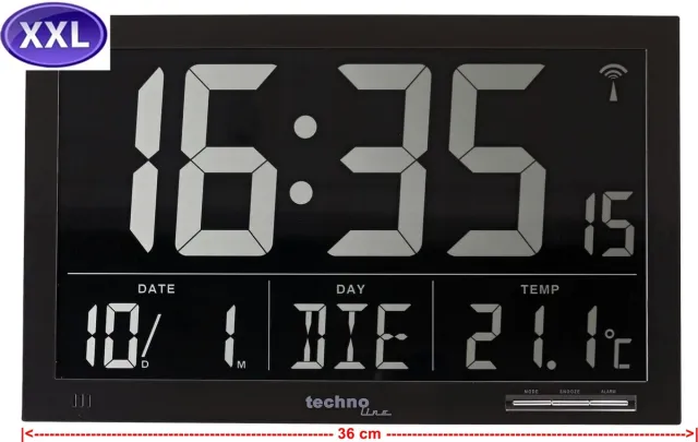 Technoline WS8007 - Wandklok - Tafelklok - Rechthoek - Radiogestuurde tijdsaanduiding - 12/24H - Datumaanduiding - Alarm - Binnentemperatuur - Zwart