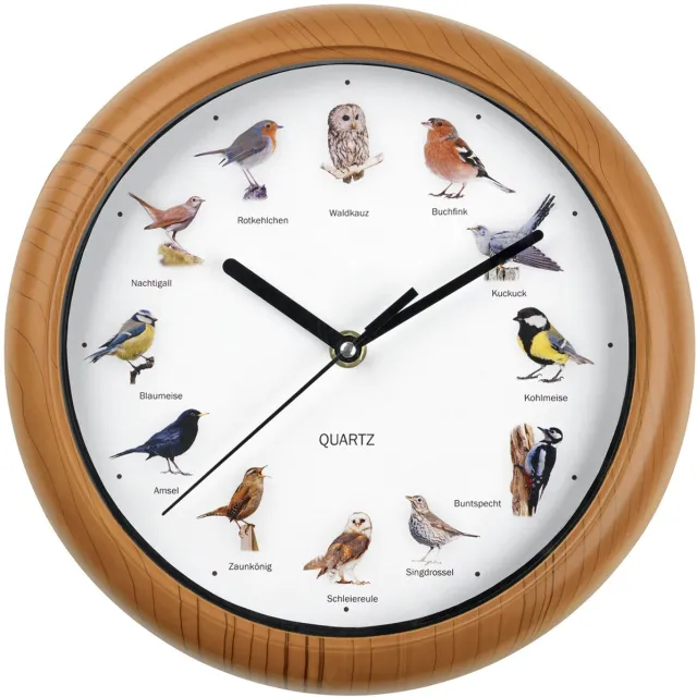 EasyMaxx wandklok met 12 zingende vogelliedjes met levensechte vogelmotieven | Automatische uitschakeling tussen 21.00 en 5.00 uur | Houten frame [AA-batterijen vereist] Naturel